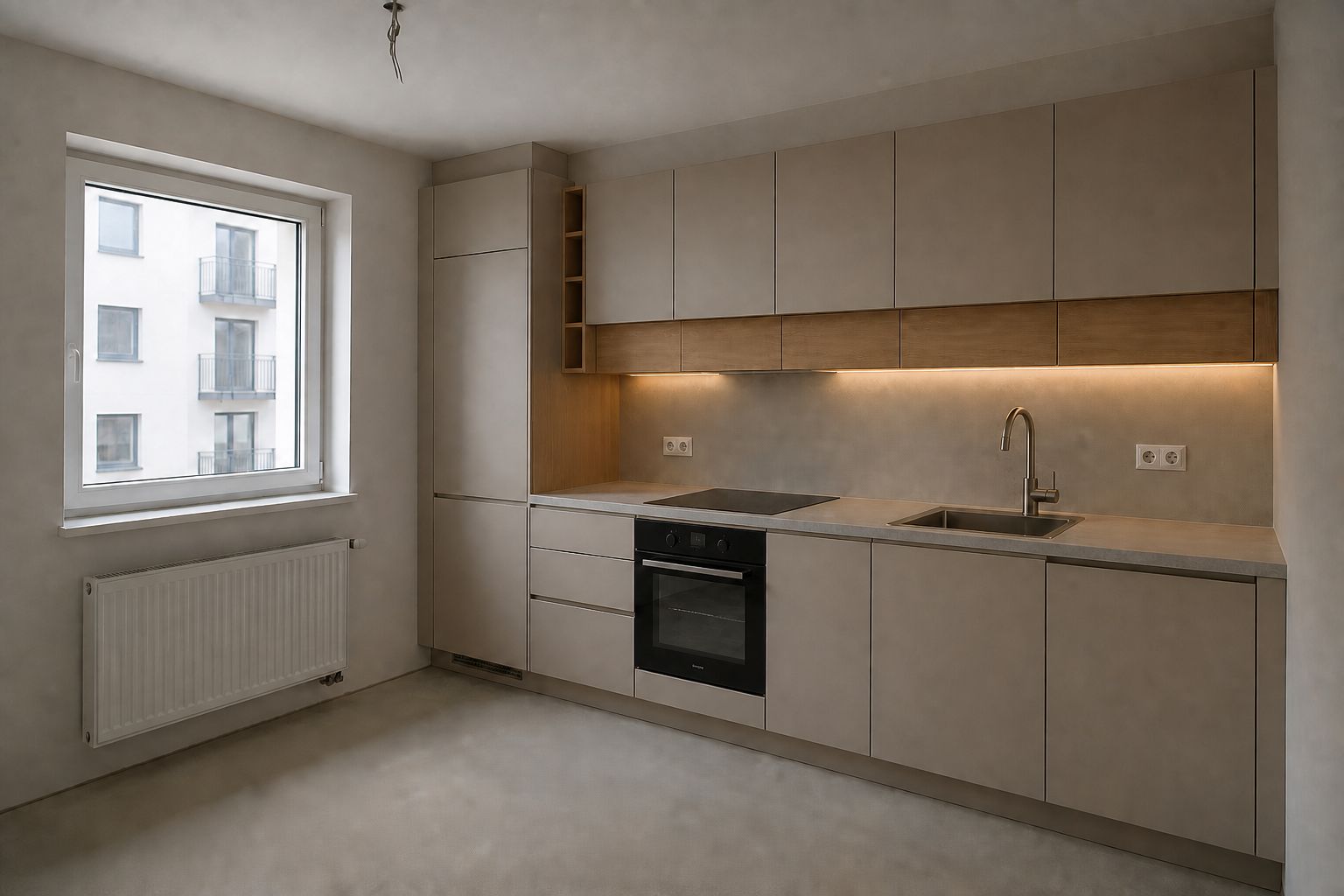Derselbe Raum mit fotorealistisch eingebauter Küche